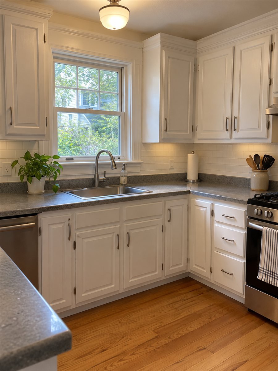 White painted wood cabinets in a traditional New England kitchen