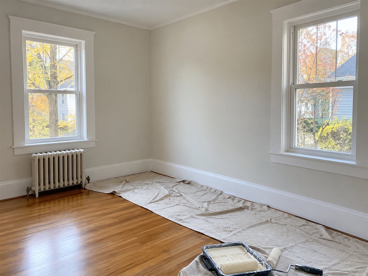 Freshly painted living room with white trim, oak floors and a protected work area