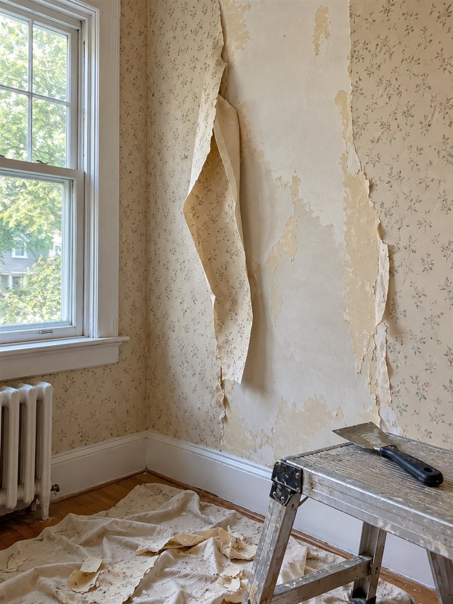 Partially removed floral wallpaper with exposed plaster and protected flooring